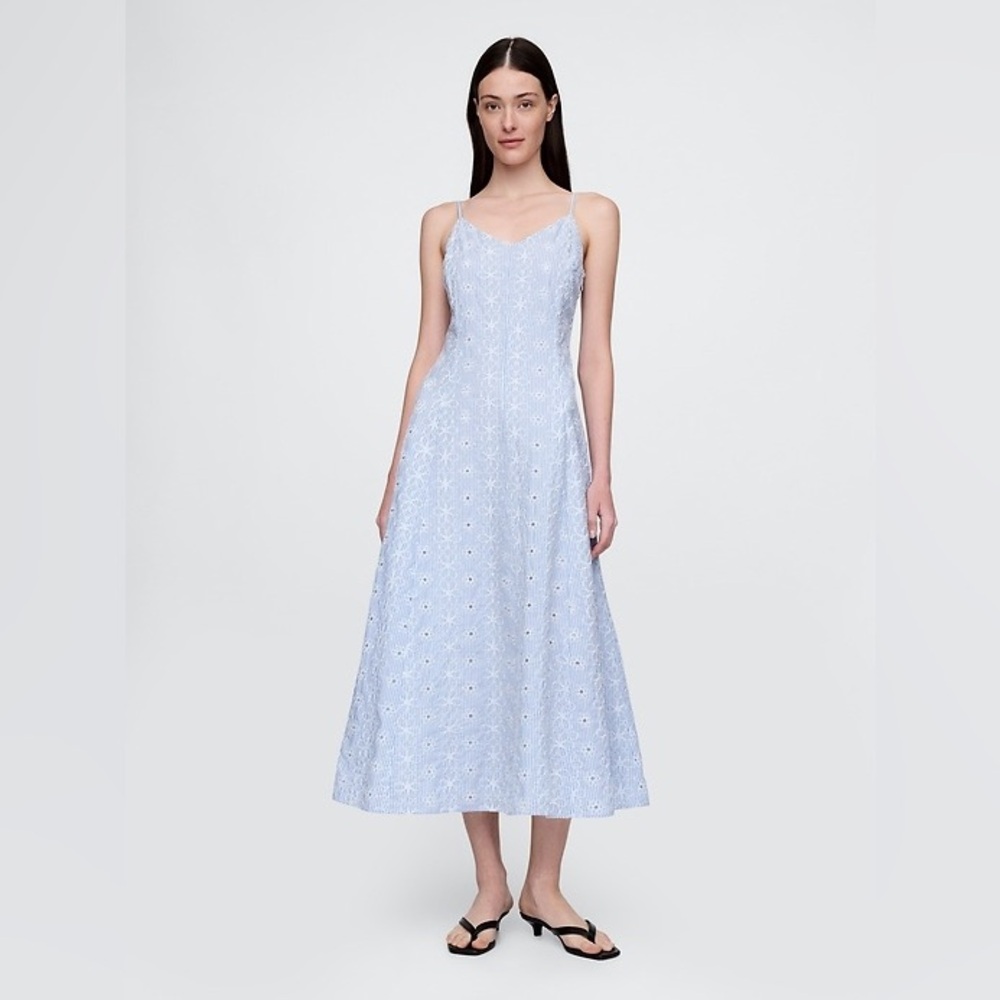NEW! GAP Blue Stripe Eyelet V-Neck Midi Dress - Size Small #741483 🕹️